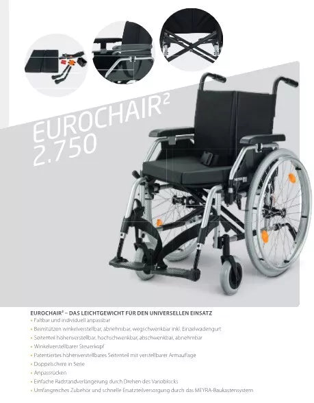 Eurochair 2.750 Meyra Rollstuhl mit Bremse für Begleiter, Kissen, Gurt und Stützrollen